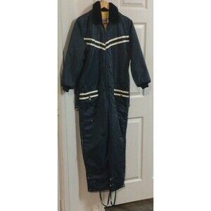 United Pioneer Insulated Coveralls Fur Collar Winter Snow Ski Suit Navy Vtg M